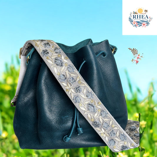 Dusty Blue Bloom floral embroidered bag strap with teal leather bucket bag