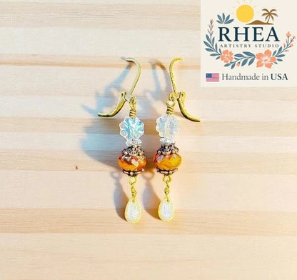 Handcrafted Brass Silver Dahlia Drop earrings featuring mustard Czech beads with gold and beige accents, artisan-made floral design.