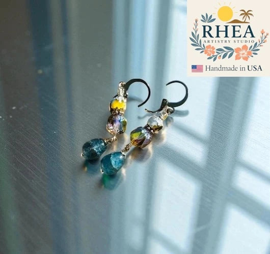 Handcrafted Cathedral Double Silver Drop earrings featuring Czech beads, artisan-made with an elegant double-bead design.