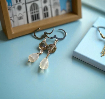 Gold earrings with teardrop-shaped stones on a light blue surface, with a framed picture in the background.
