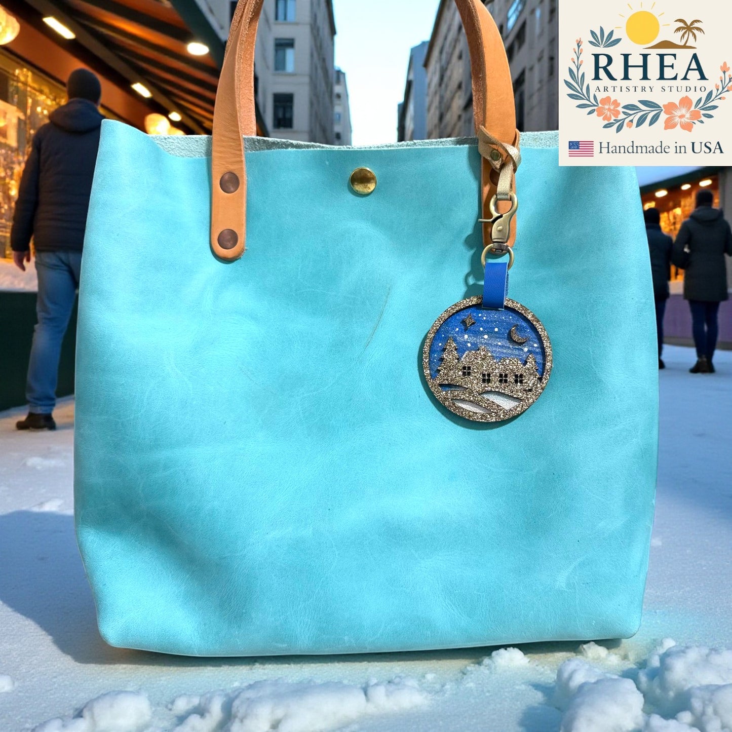 Hand-painted winter village leather charm with glitter leather silhouette
