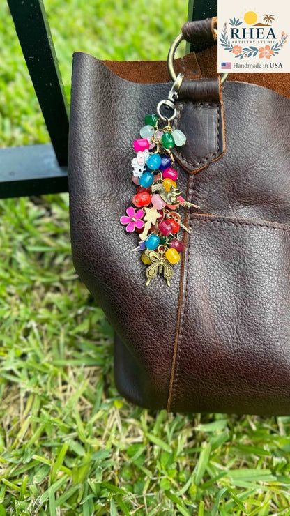 Handcrafted Chunky Jellybean Multi Color Charm featuring vibrant mixed beads, artisan-made bag charm, purse accessory, and keychain.
