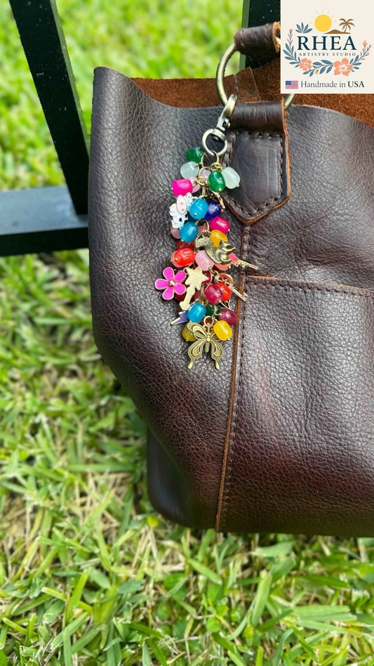 Handcrafted Chunky Jellybean Multi Color Charm featuring vibrant mixed beads, artisan-made bag charm, purse accessory, and keychain.