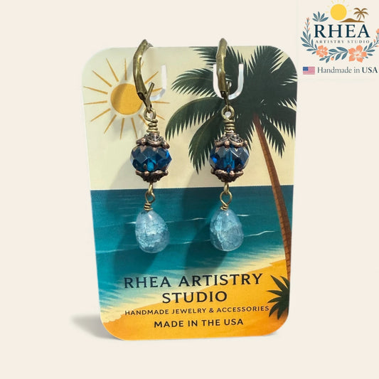 Handmade Capri Blue earrings with Czech glass beads and antique brass French hooks.