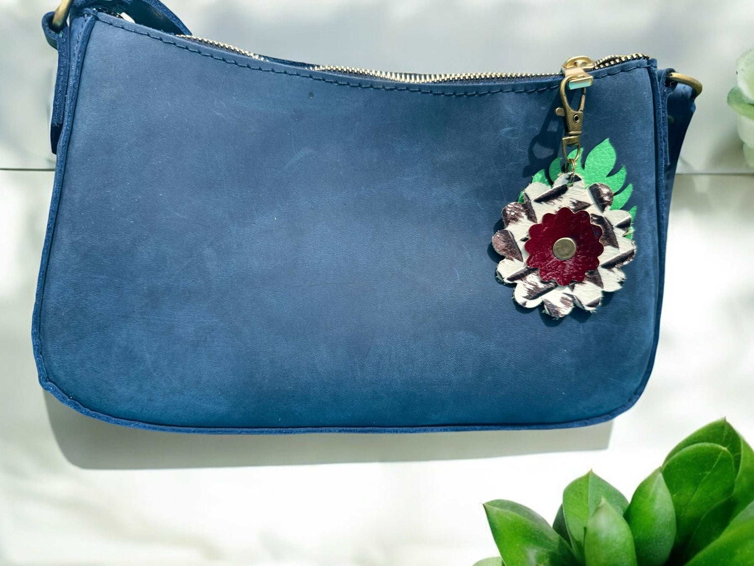 Leather Flower & Monstera Leaf Accessory with Lobster Clasp | Zipper Pull & Purse Charm