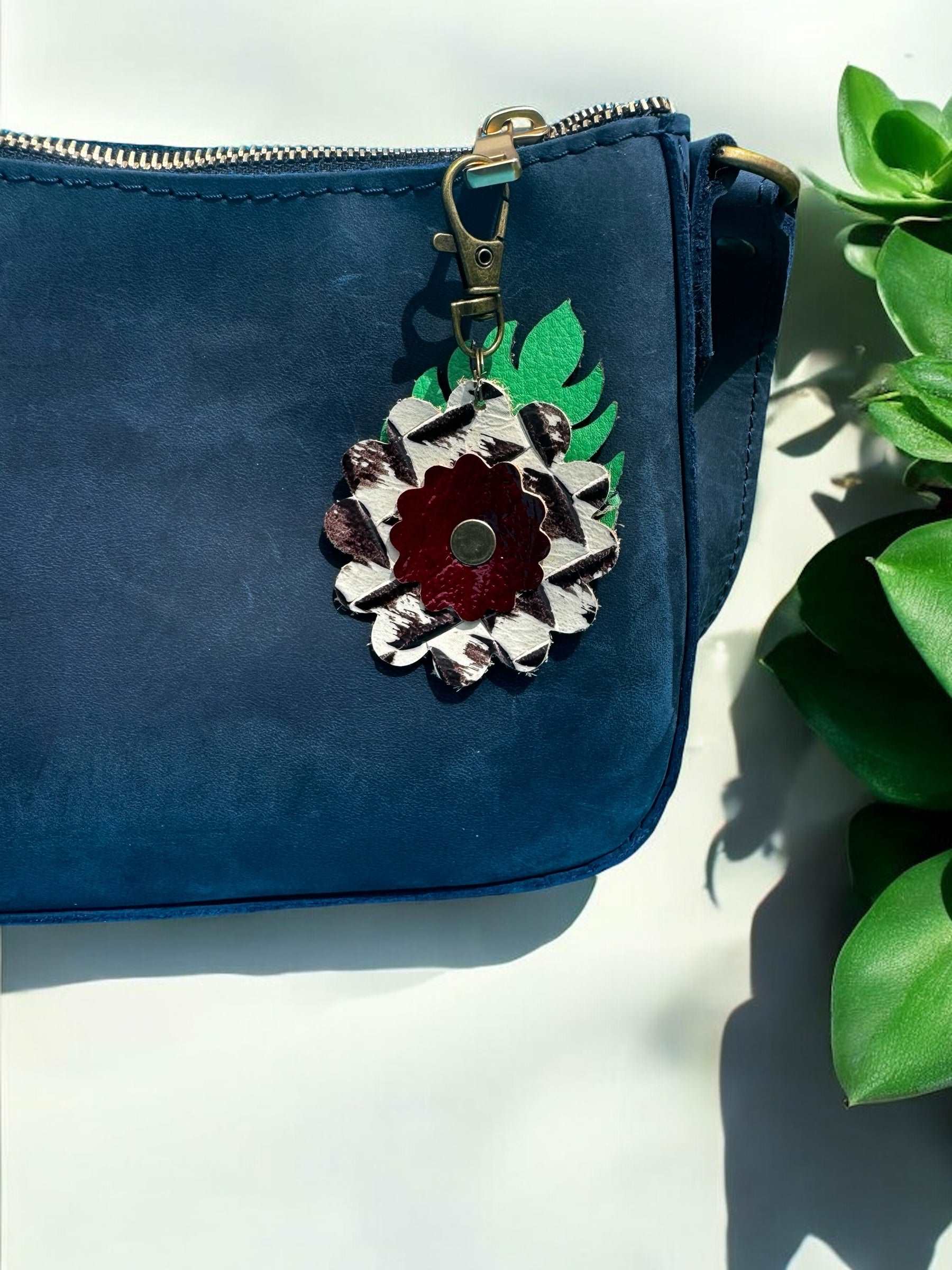 Leather Flower & Monstera Leaf Accessory with Lobster Clasp | Zipper Pull & Purse Charm