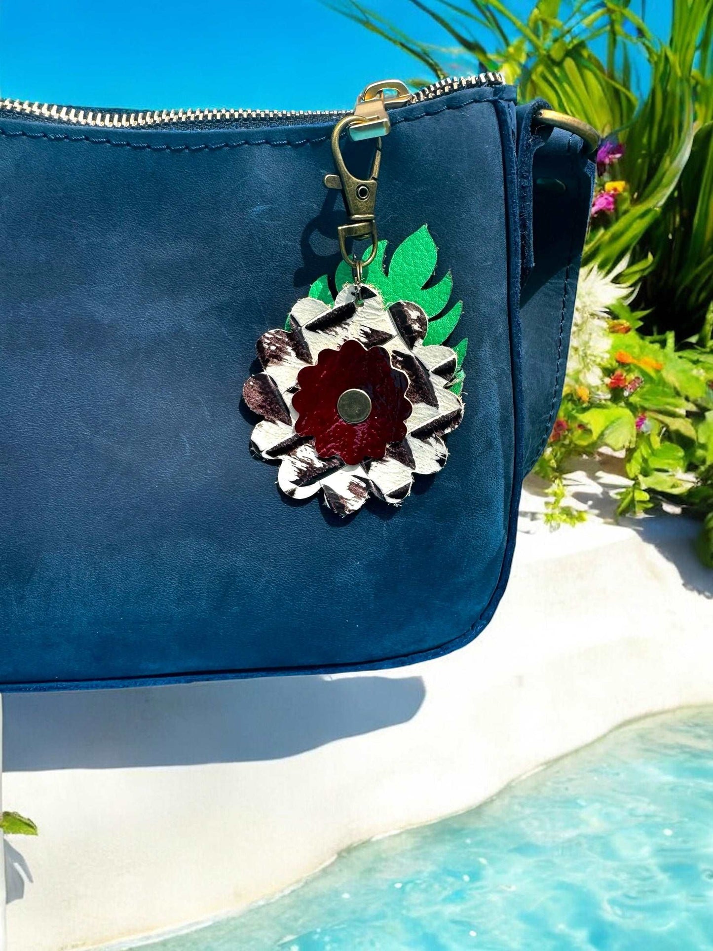 Leather Flower & Monstera Leaf Accessory with Lobster Clasp | Zipper Pull & Purse Charm