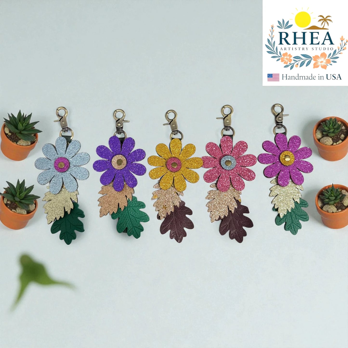 Handmade Glitter Flower Leather Charm – 7" Embossed Leaf Purse Charm