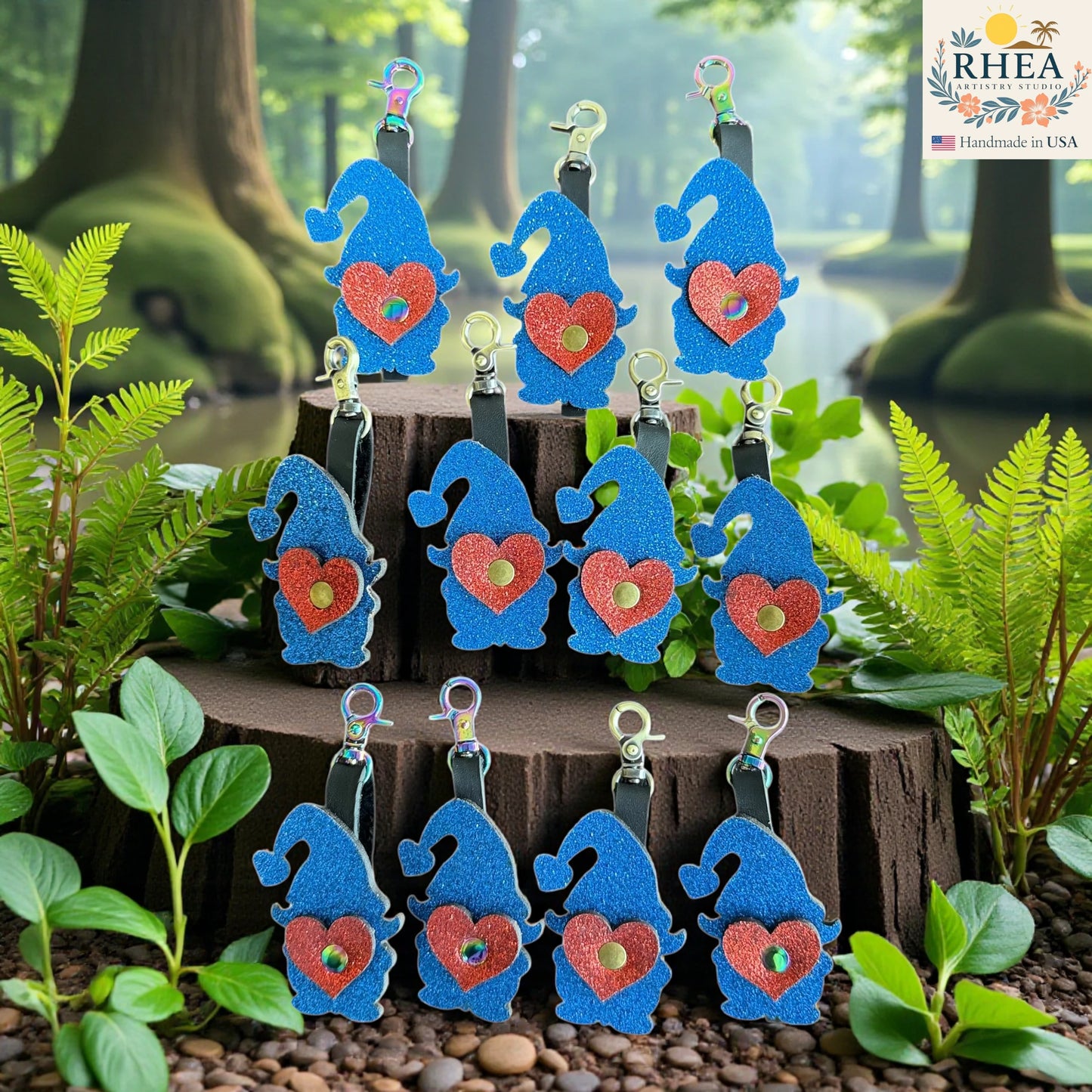 Whimsical gnome zipper charm clipped to a handbag