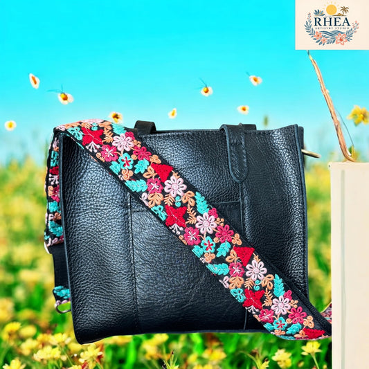 2-inch floral strap with red, teal, pink, and peach embroidery on black base