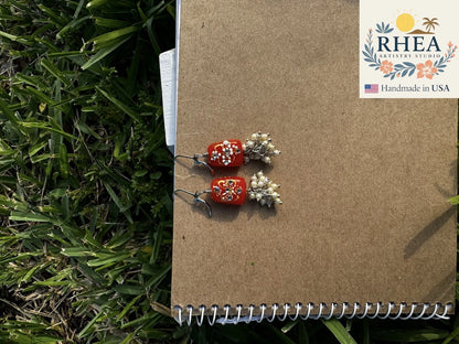 Stylish Coral Pearl Cluster Silver earrings, handmade with Czech beads for a refined artisan accessory.