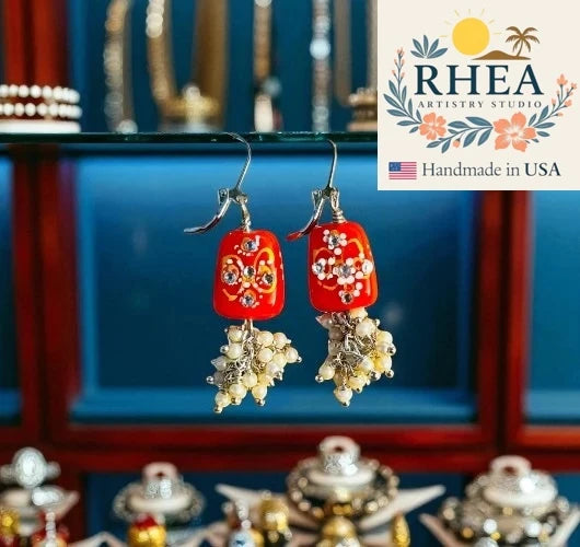 Handcrafted Coral Pearl Cluster Silver earrings featuring Czech beads, artisan-made with an elegant clustered design.