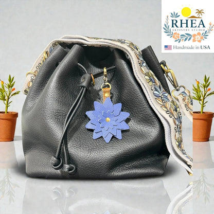 Cornflower blue layered leather flower charm with textured leather