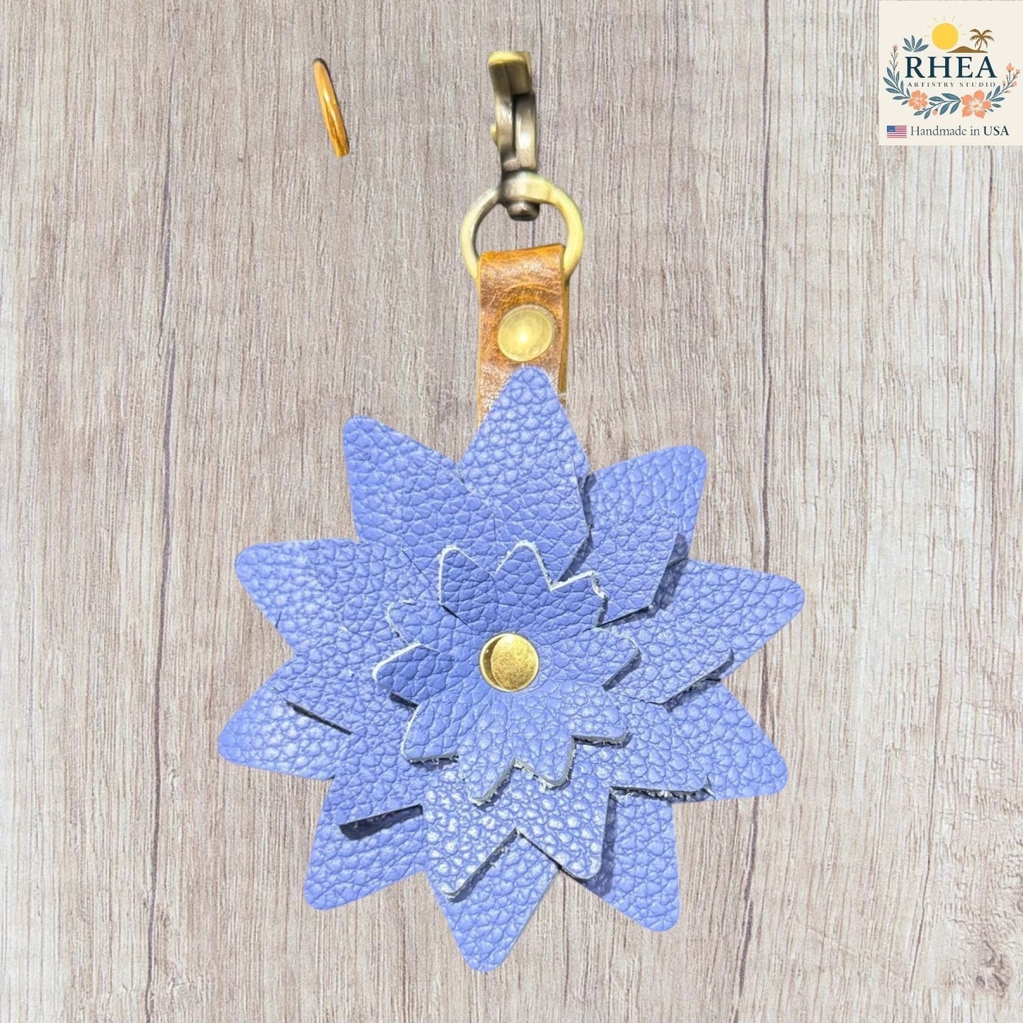 Cornflower blue layered leather flower charm with textured leather