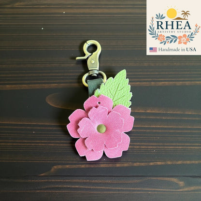 Layered leather flower bag charm with durable brass hardware