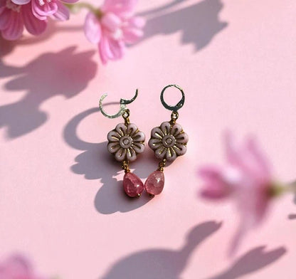 Floral earrings with pink beads on a pink floral background