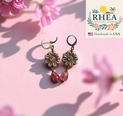 Handcrafted Daisy Drop short earrings in pale pink with a gold wash, featuring Czech beads in a delicate floral design.