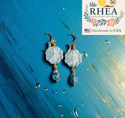 Handcrafted Daisy Blue Gold Drop earrings featuring Czech beads, artisan-made with a delicate floral design.