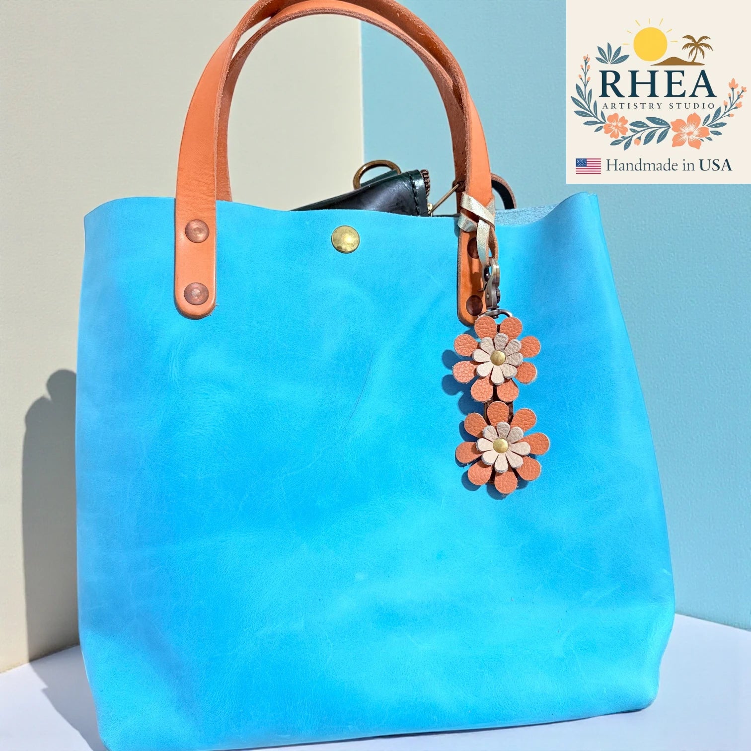 handmade leather purse charm , brass hardware
