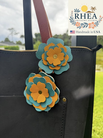 Everbloom Leather Flower Double - Turquoise and Yellow