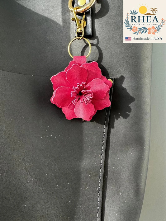 Handcrafted Everbloom Leather Flower Large in Old Rose, styled as a timeless leather purse and bag charm.