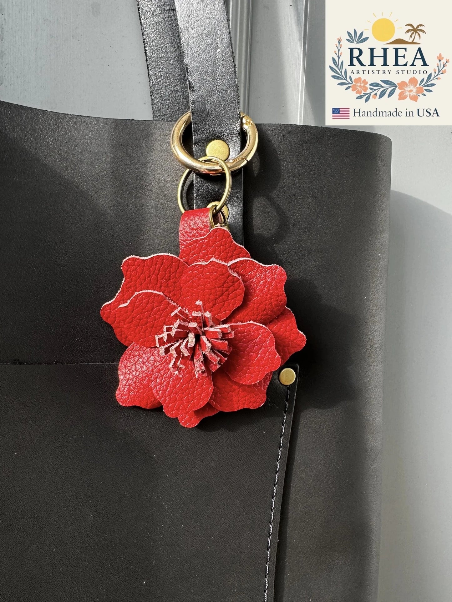 Vibrant Everbloom Leather Flower Large in Red, showcased as a handcrafted leather handbag charm.