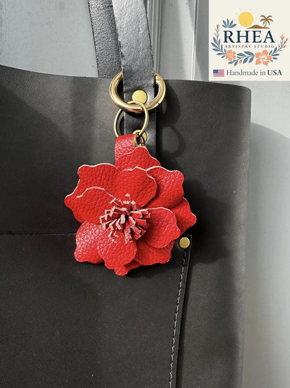Vibrant Everbloom Leather Flower Large in Red, showcased as a handcrafted leather handbag charm.