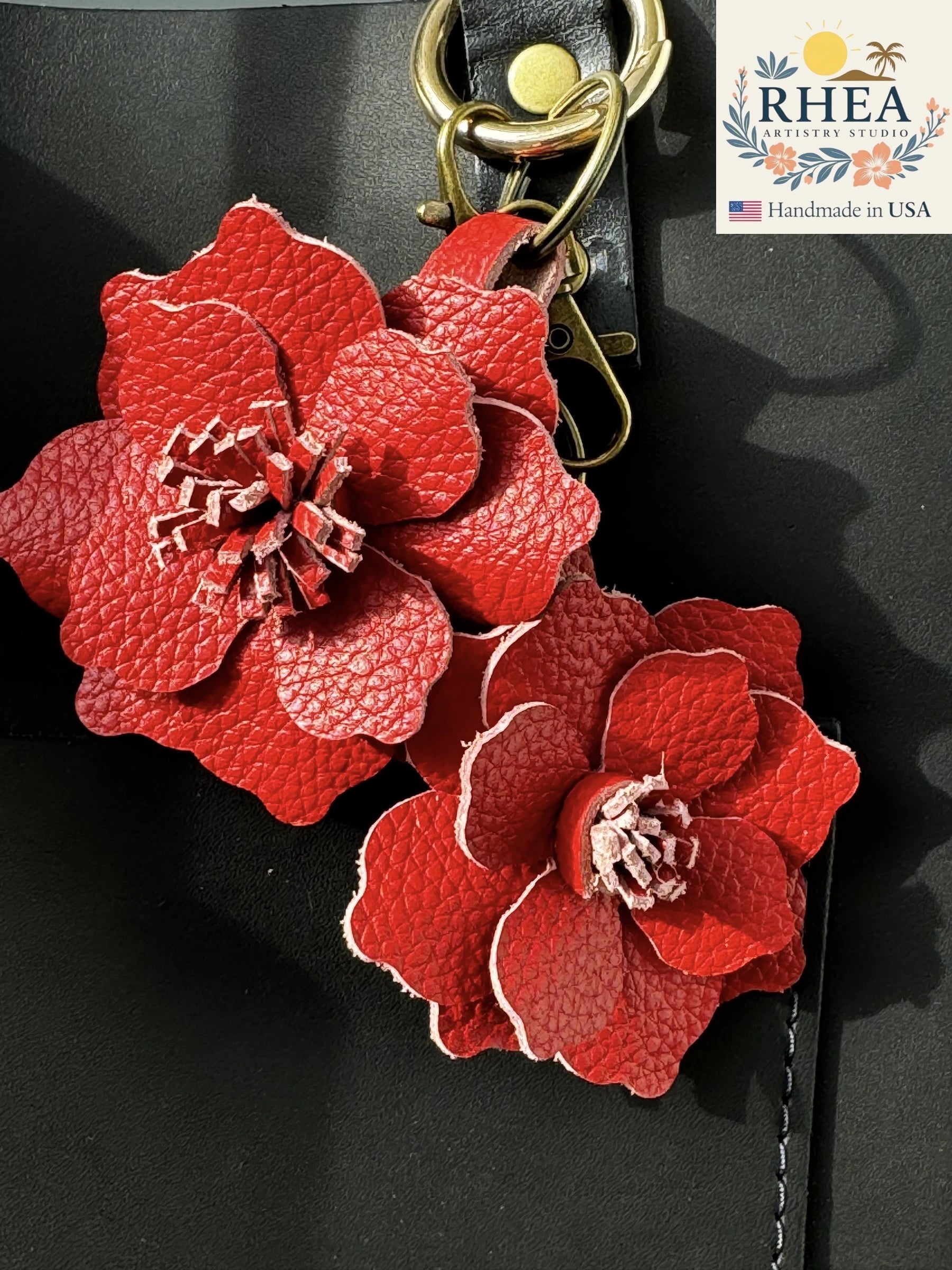 Striking Everbloom Leather Flower Large in Red, a handcrafted floral leather bag accessory and charm.