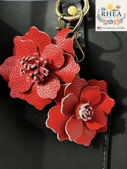 Striking Everbloom Leather Flower Large in Red, a handcrafted floral leather bag accessory and charm.