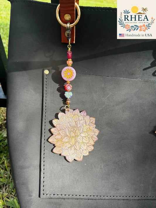 Handcrafted Fairy Forest Charm – Dahlia Coin featuring intricate floral coin-inspired details, artisan-made bag charm, purse accessory, and keychain.