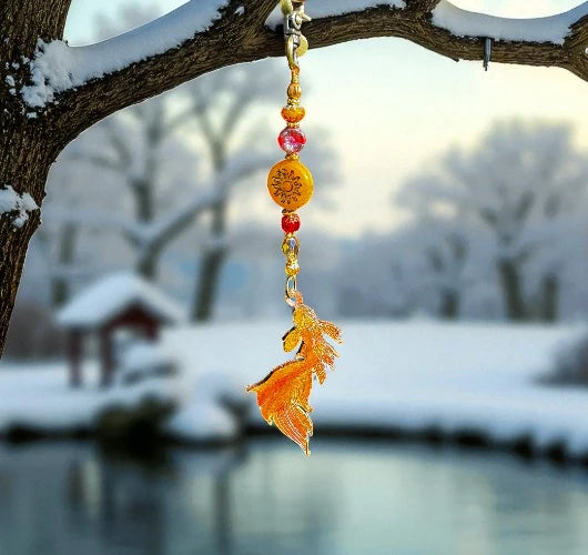 Decorative hanging ornament with a gold fish design in front of a snowy landscape.