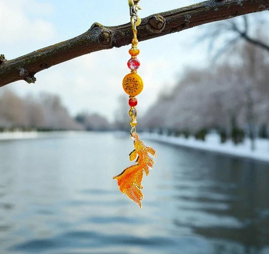 Decorative car charm with goldfish design hanging from a branch over water