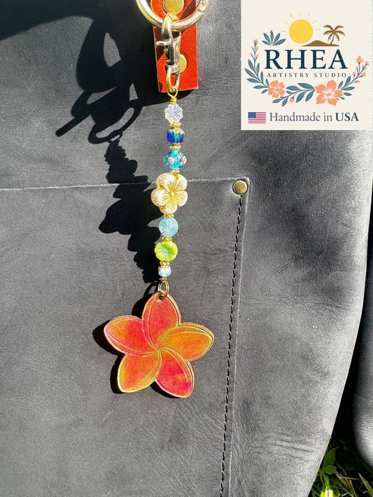 Handcrafted Fairy Forest Charm – Plumeria Whisper featuring soft floral accents, artisan-made bag charm, purse accessory, and keychain.