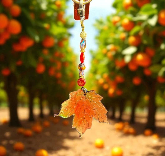 Keychain with a leaf pendant in front of an orange orchard