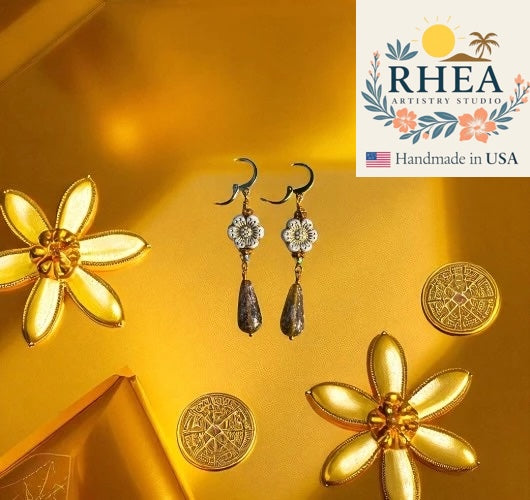 Handcrafted White Hibiscus Gold Drop earrings featuring Czech beads, artisan-made with a delicate floral design.