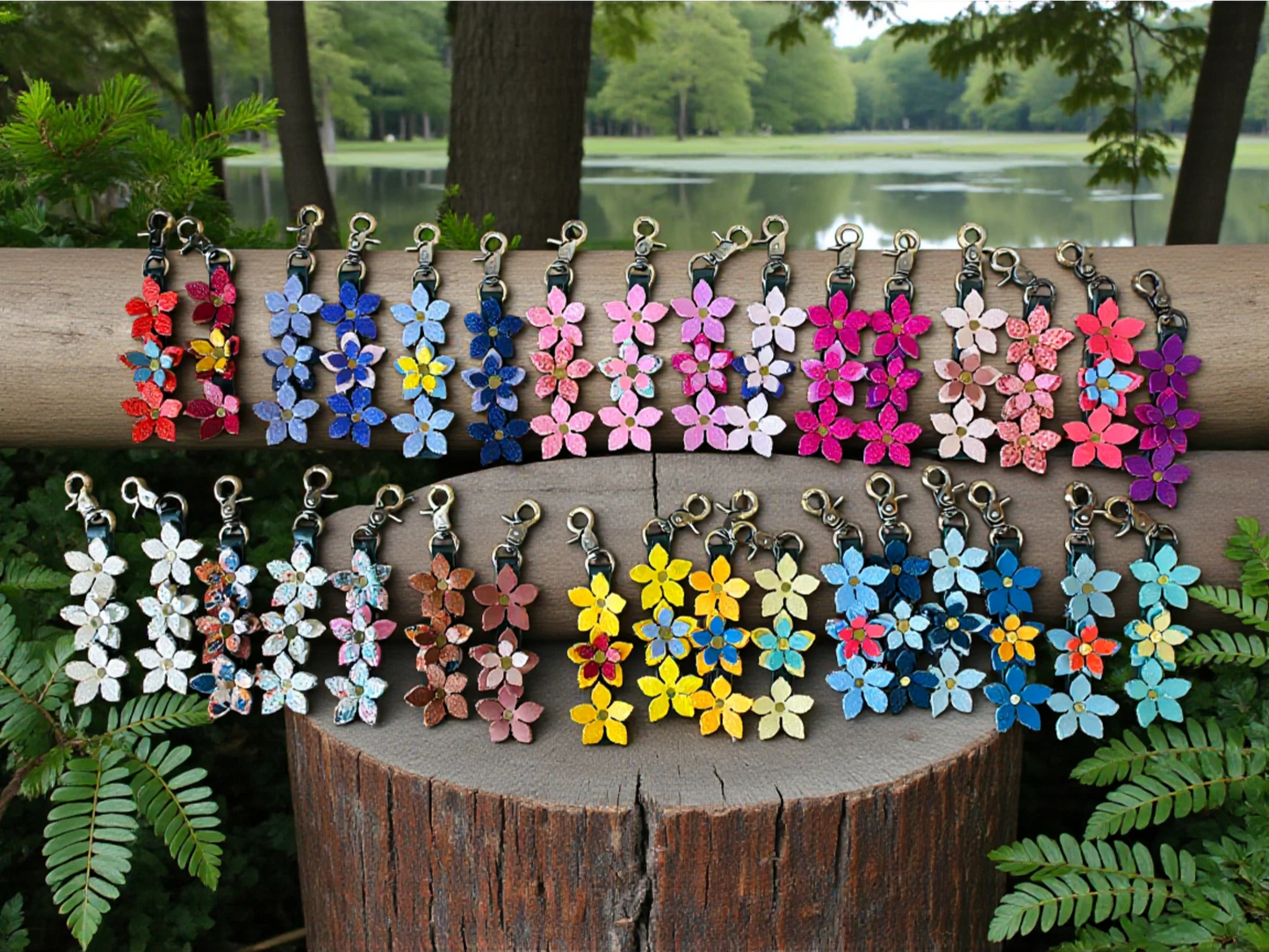 Artisan leather floral charm with brushed brass clasp in colorful design variations