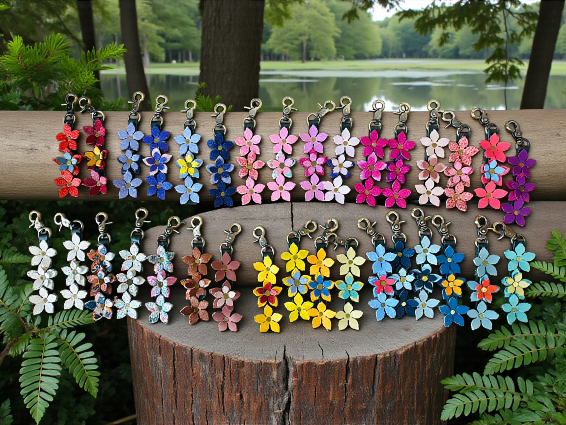 Artisan leather floral charm with brushed brass clasp in colorful design variations