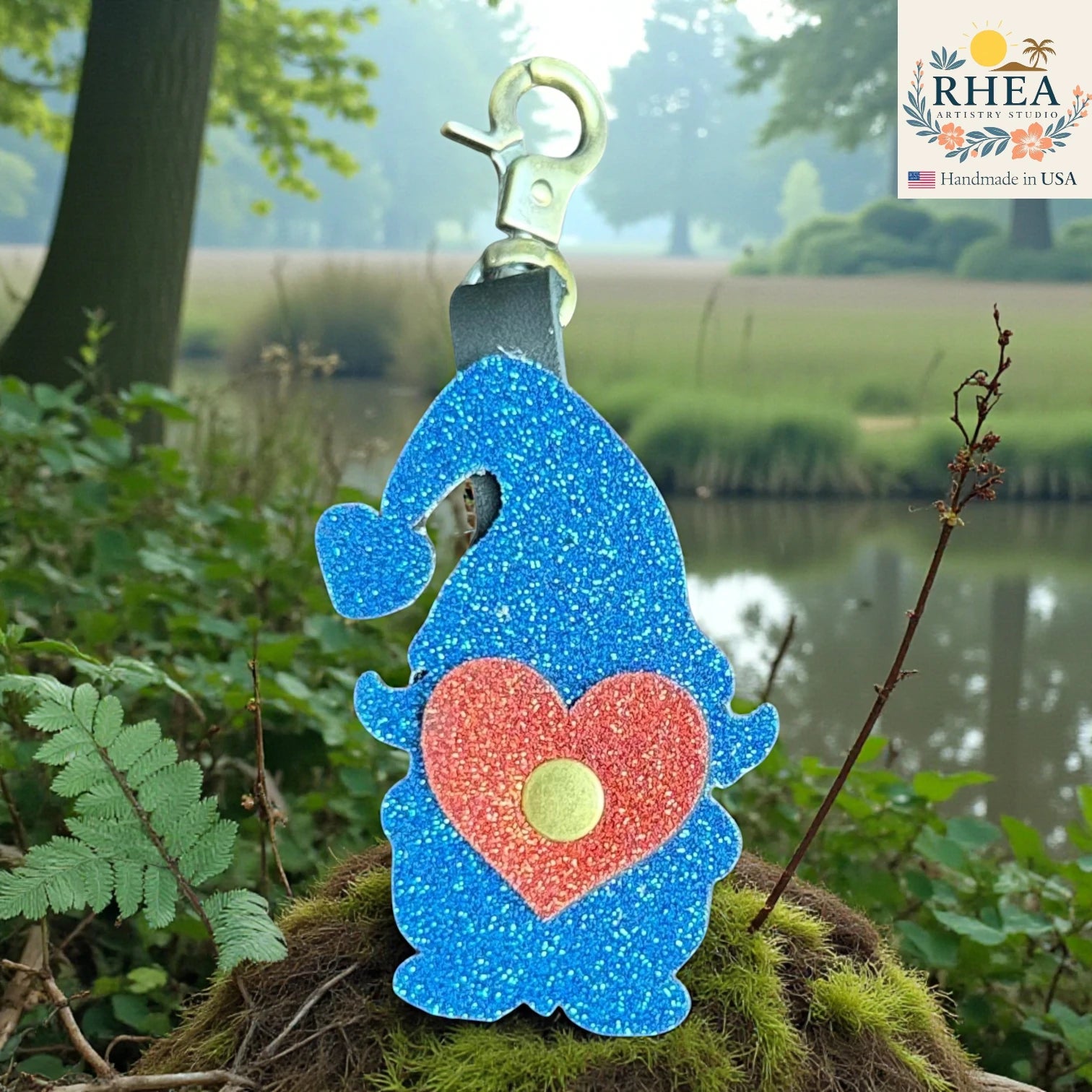 Close-up of glitter leather gnome charm and brass clasp