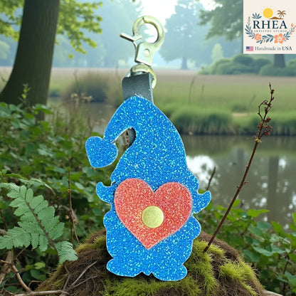 Close-up of glitter leather gnome charm and brass clasp