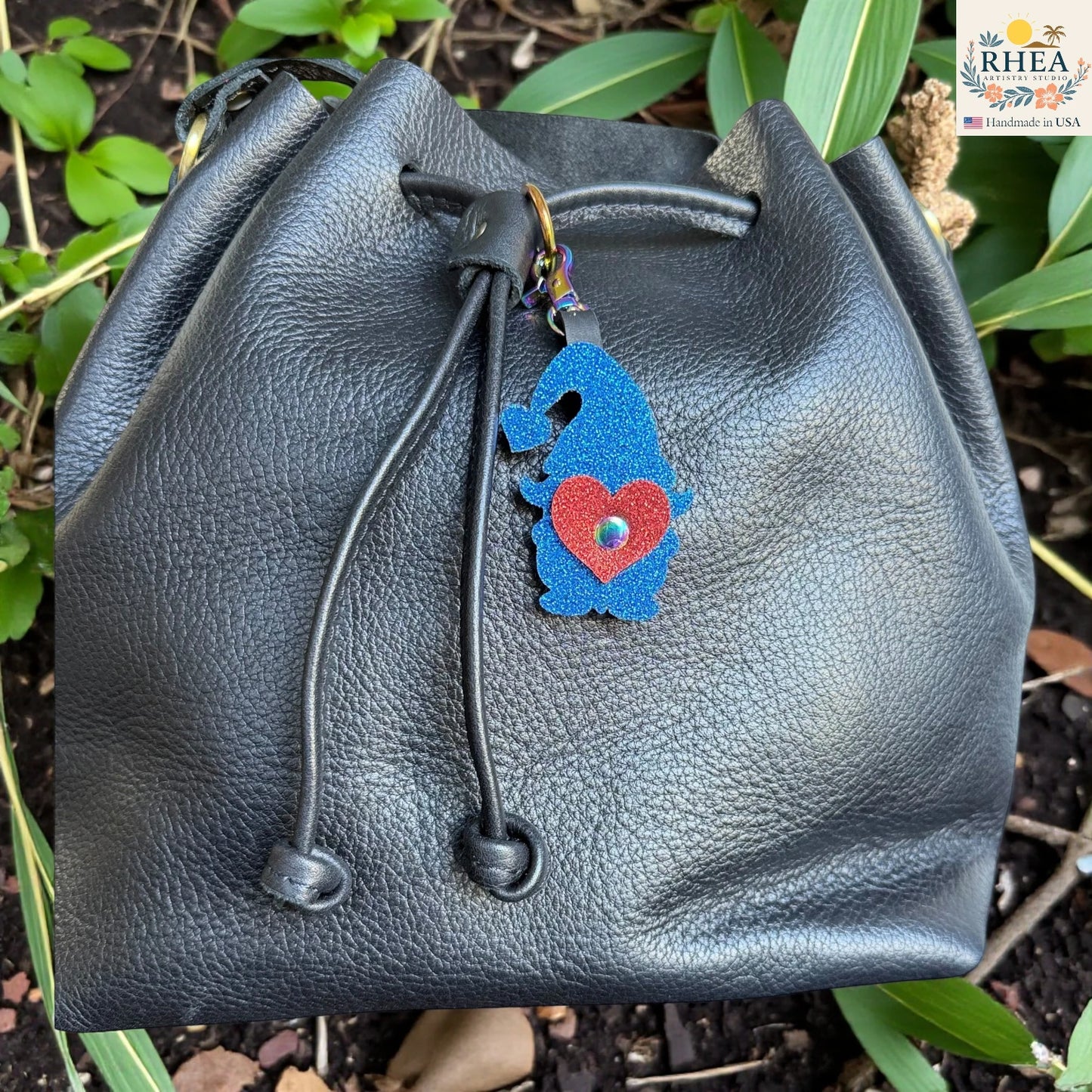 Premium glitter leather gnome mini bag charm with rainbow hardware