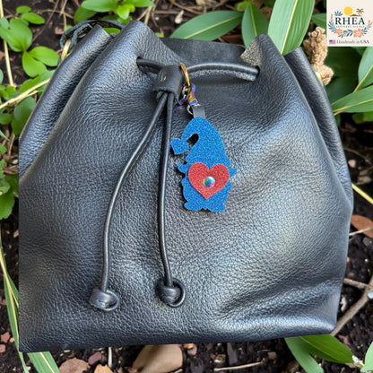 Premium glitter leather gnome mini bag charm with rainbow hardware