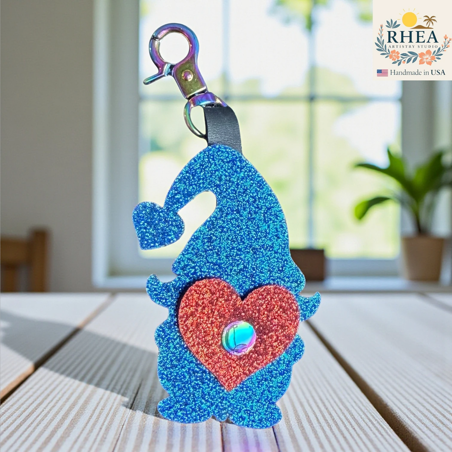 Gnome bag charm in premium glitter leather with heart detail