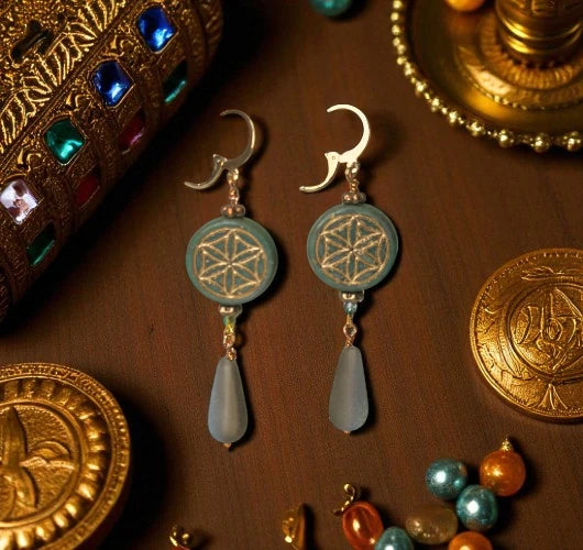 Pair of earrings with blue stones and gold accents on a wooden surface with coins and gems.