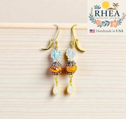 Elegant handmade Brass Silver Dahlia Drop earrings with Czech beads, showcasing mustard, gold, and beige floral accents in artisan style.