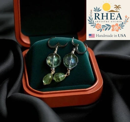 Handcrafted Hibiscus Gemstone Drop Silver earrings featuring Czech beads, artisan-made with a floral-inspired design.