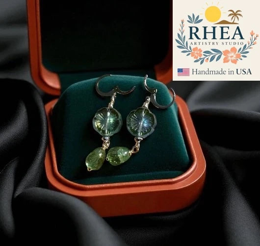 Handcrafted Hibiscus Gemstone Drop Silver earrings featuring Czech beads, artisan-made with a floral-inspired design.