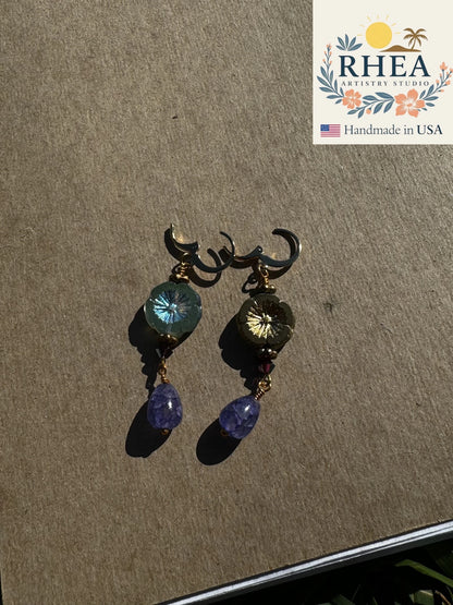 Handcrafted Hibiscus Violet Drop earrings featuring Czech beads, artisan-made with a bold floral design.