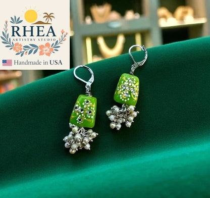 Handcrafted Lime Green Pearl Cluster Silver earrings featuring Czech beads, artisan-made with a fresh clustered design.