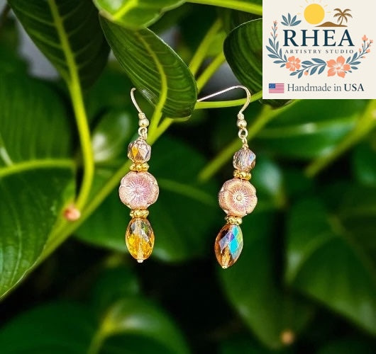 Handcrafted Pink Hibiscus earrings in gold filled design, featuring Czech beads, artisan-made with a delicate floral style.