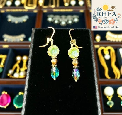 Glowy Hibiscus Earrings handmade with Czech glass floral beads, delicate artisan jewelry inspired by glowing petals and botanical elegance.